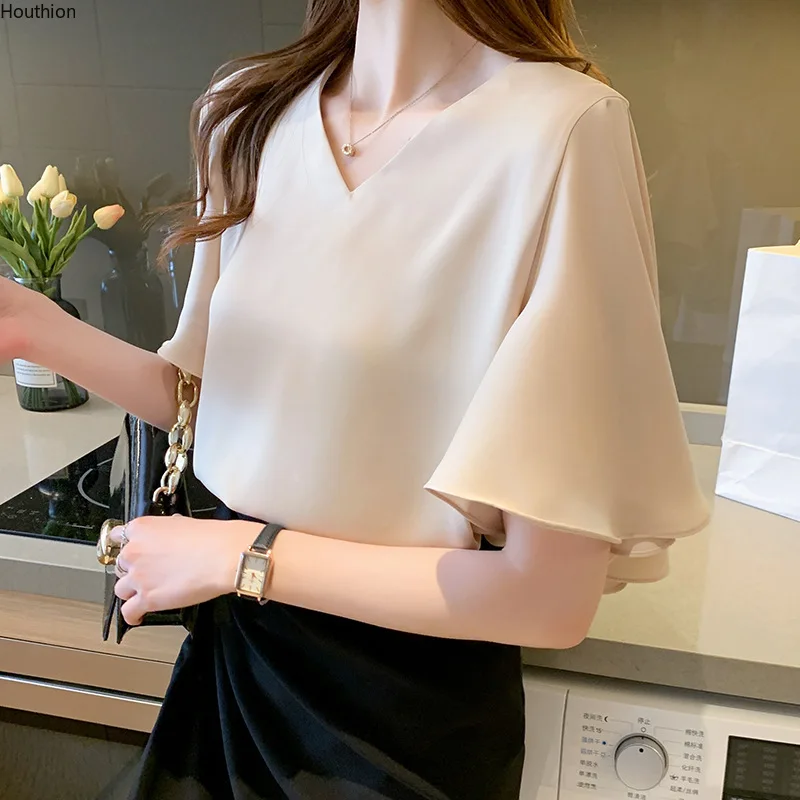 

Chiffon Slim Women Blouses New Casual Blouse Solid Color V-neck Pullover Shirt Fashion Lotus Leaf Short Sleeve Top Summer