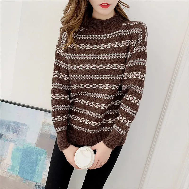 2019 autumn and winter new trend retro printed sweater female students Korean version of the loose striped | Женская одежда