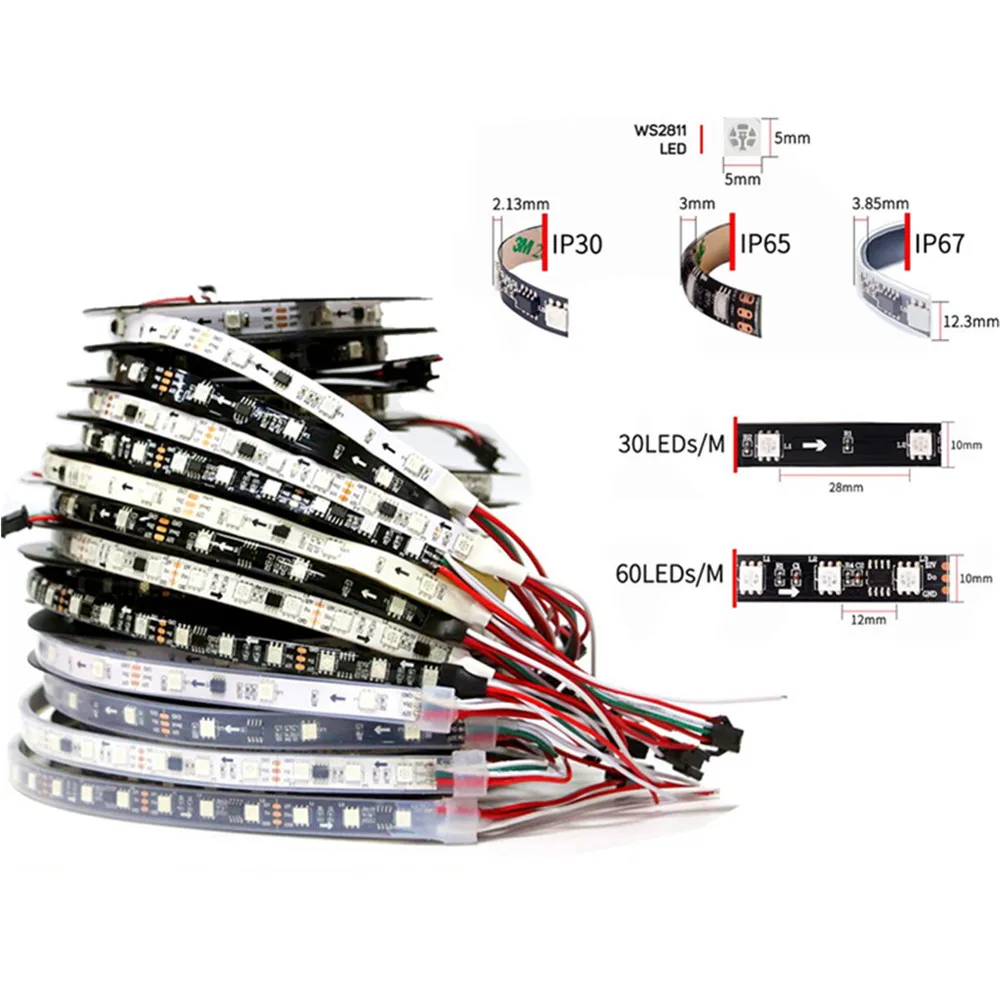 DC12V 5M WS2811 LED Pixel Strip Light Rgb Full Color 5050 Led Strip Ribbon Flexible Addressable Digital LED Tape 1 Ic Control 3