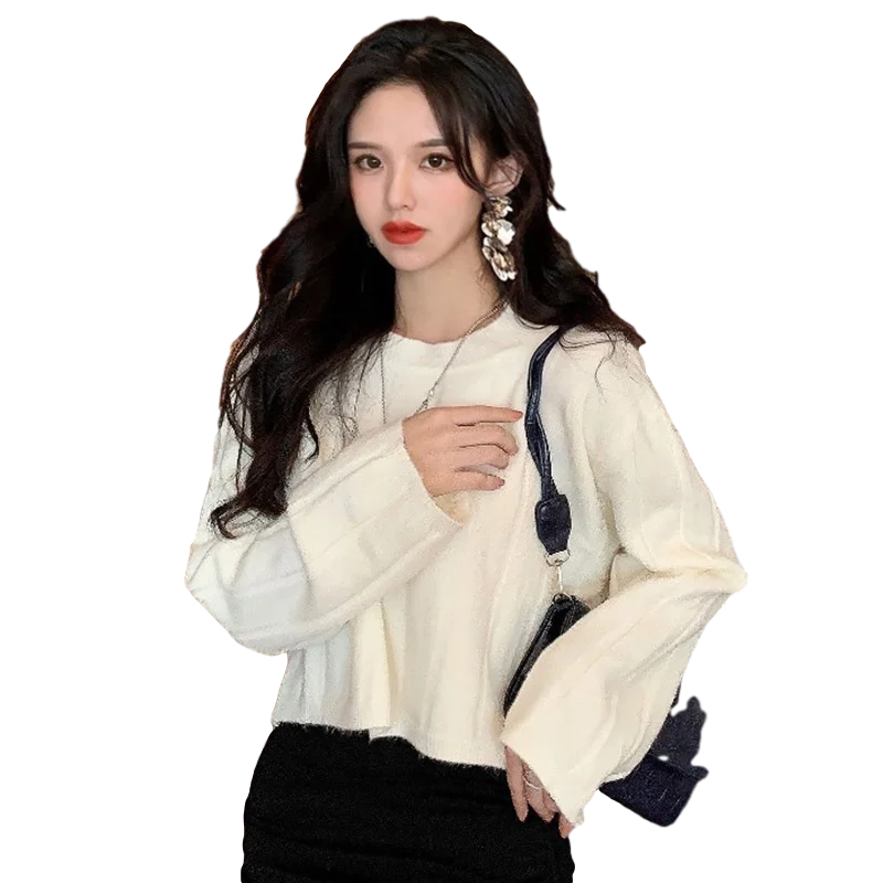 

Autumn Winter New O-Neck Long-Sleeved Pullover Sweater Loose Thin Short Solid Color Bottoming Tops Female LL1013