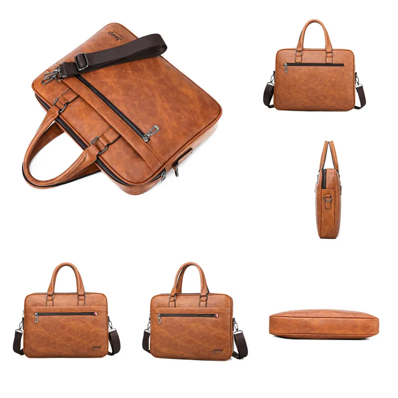 JEEP BULUO High Quality office Business Leather Shoulder Messenger Bags Famous Brand Men's Briefcase Bag  Travel 14'Laptop Tote