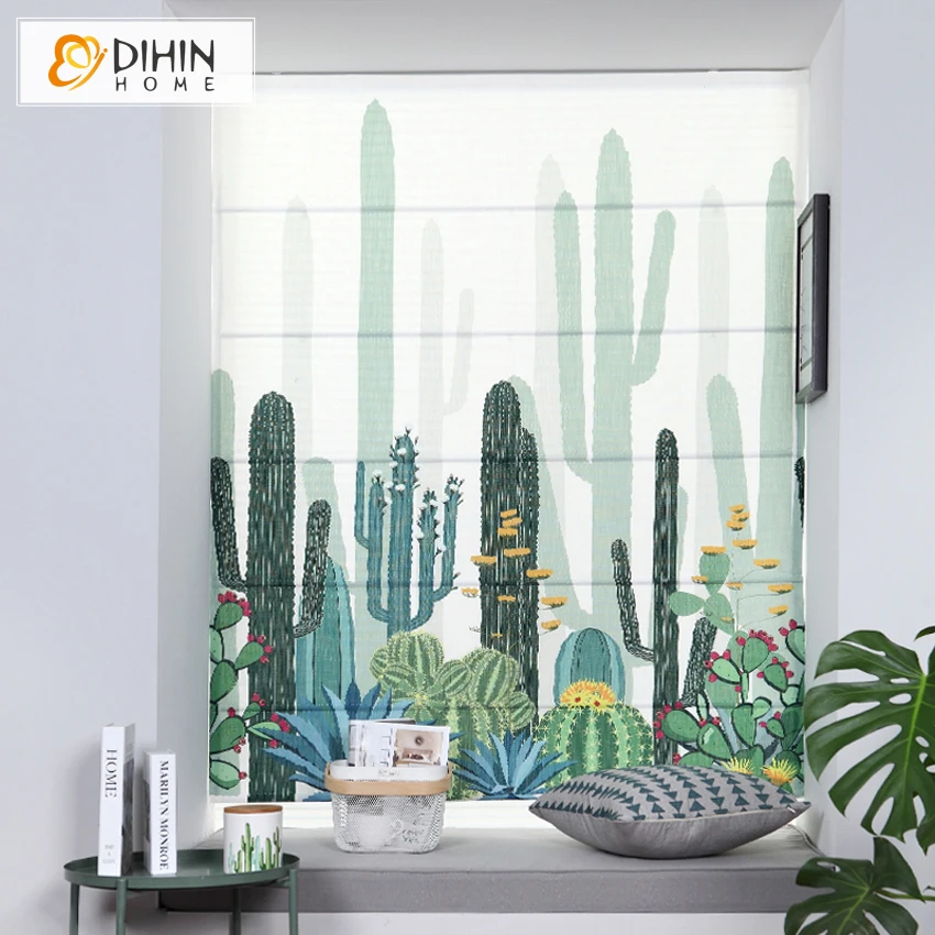 Pastoral Cactus Printed Custom Roman Blinds For Living Room Flat Roman Shades Free Shipping