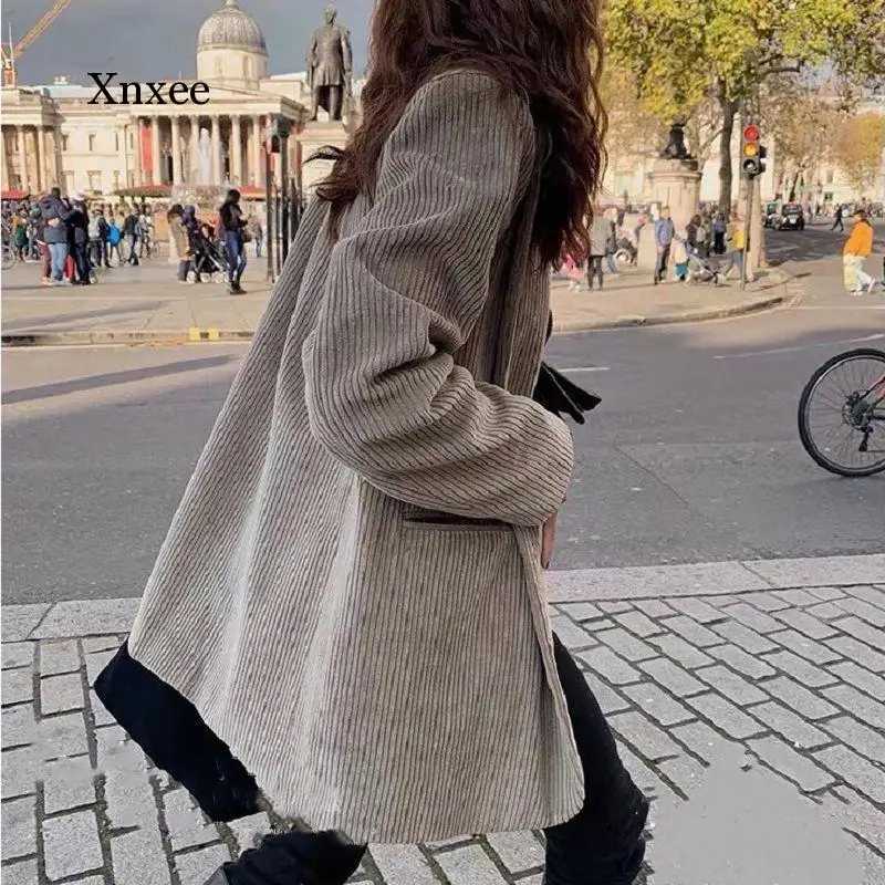 

Spring Autumn Corduroy V Neck Solid Coat Vintage Single-Breasted Belt Jacket Women Outwear Loose Oversized Coat Casual Top Cloth