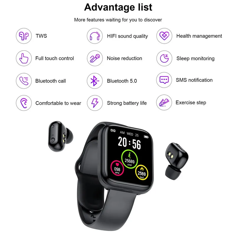Умные часы X5 Bluetooth гарнитура TWS беспроводные наушники 2 в 1 HD большой экран