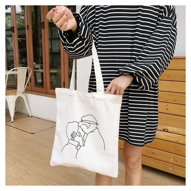 

Simple Casual Canvas Shopping Bag Eco Reusable Large Capacity Women Beach Handbags Printed Reusable Shopping Bag
