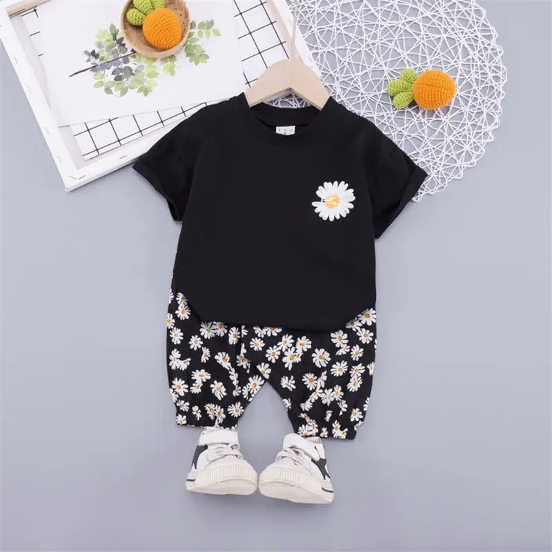 2020 летний детский модный костюм одежда для малышей футболка с цветочным принтом