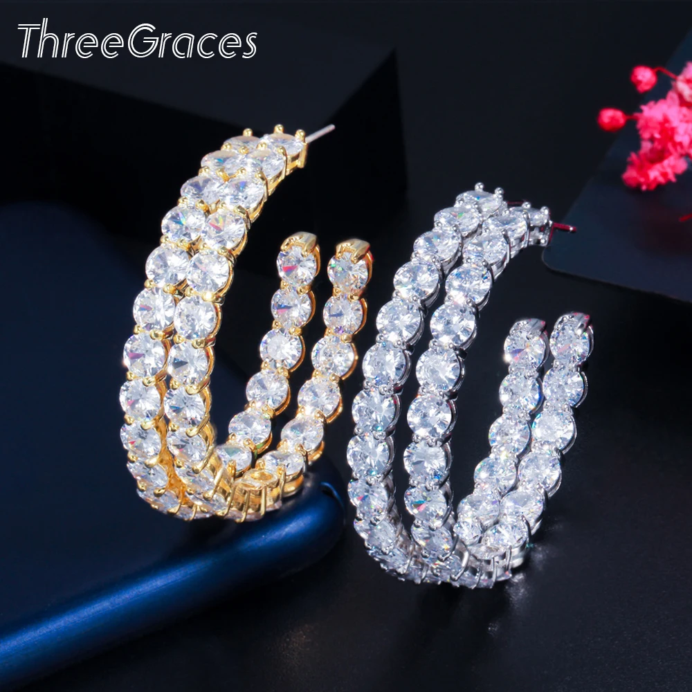

ThreeGraces Dazzling Round Cubic Zirconia Big White Gold Color Hoop Earrings for Ladies Fashion Wedding Party CZ Jewelry ER597