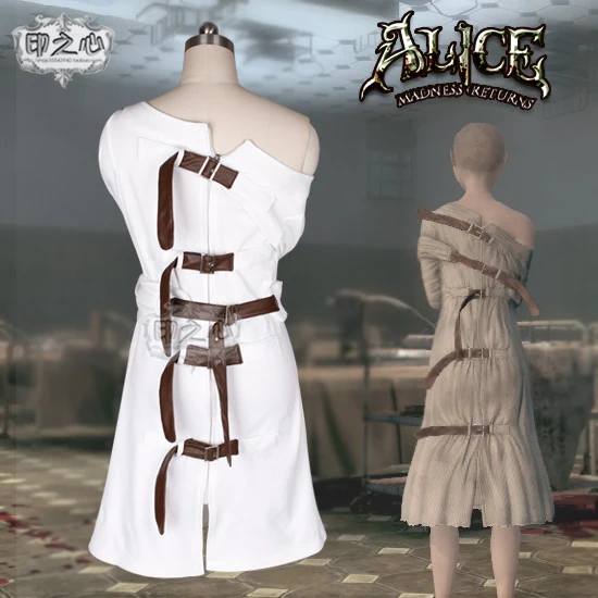 

Anime Alice: Madness Returns Cosplay Costumes Lunatic Asylum White Constraints Dress Female Halloween Party Role Play Clothing