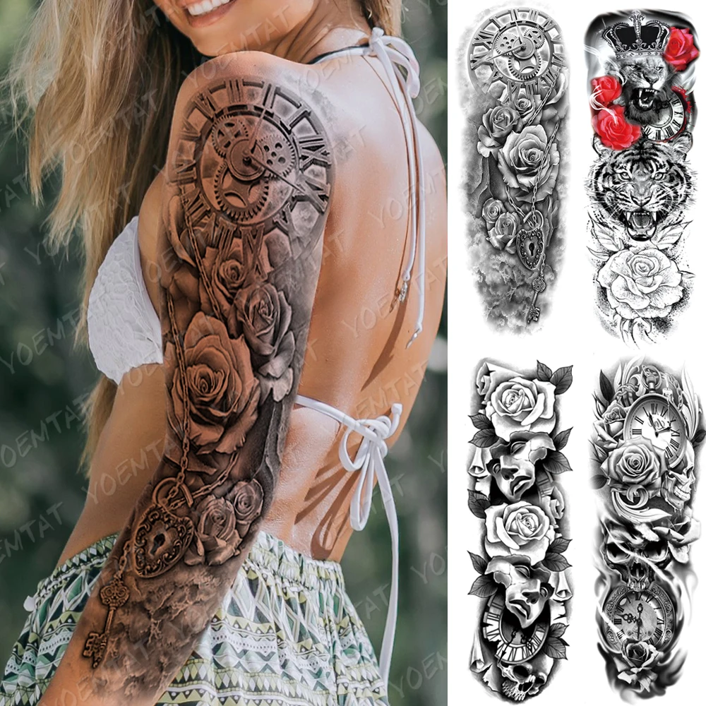 

Large Arm Sleeve Tattoo Lion Tiger Clock Waterproof Temporary Tatto Sticker Rose Mask Body Art Full Fake Tatoo Women Men