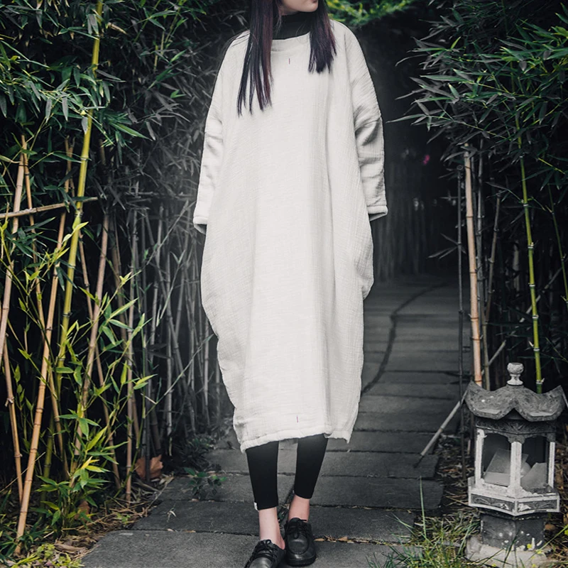 Женское длинное платье из хлопка и льна Johnature винтажное макси с вышивкой рукавами