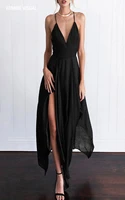 black sexy party dress for women sleeveless deep v neck neckline backless chiffon special occasion gowns