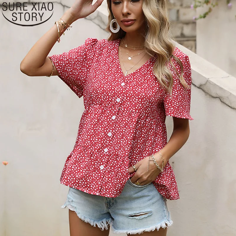 

2023 Summer New European and American Loose Short Sleeve Chiffon V Collar Button Up Shirt Ruffles Tops Floral Print Blouse 14982