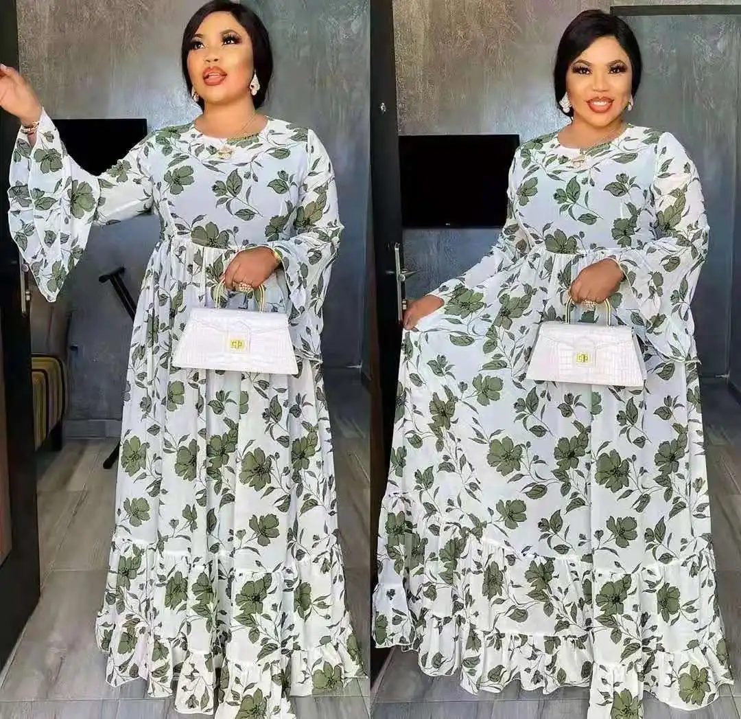 

Abaya Dubai African Design Loose Robe Gowns Muslim Dress Lady Party Green Flower Printing European Clothes American Clothing