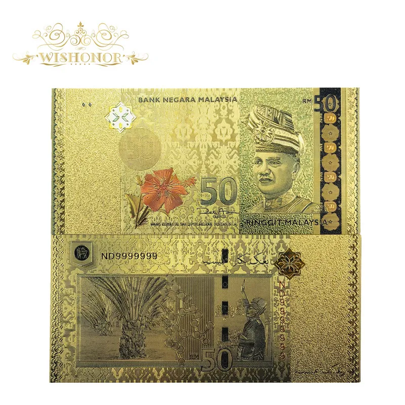 10pcs/lot Hot Sale For New model Colored Malasia Gold Banknotes 50 Ringgit Banknotes in 24k Gold Fake Paper Money For Gift
