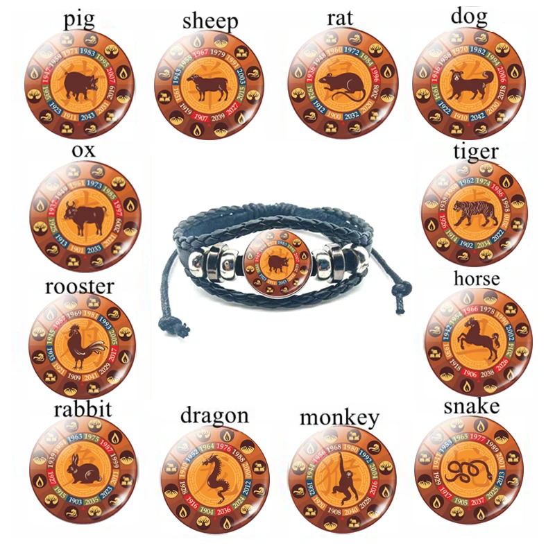 12 Знак зодиака фото кожаный браслет Крыса Бык бижутерия со стеклянными