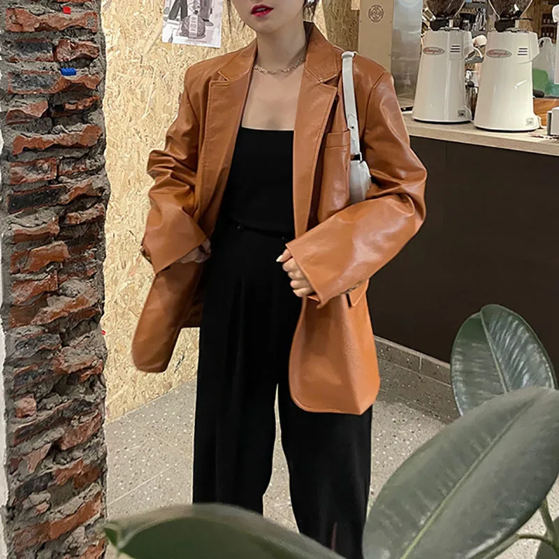 

SHENGPALAE Fashion Temperament Brown Blazer Women's Autumn 2021 New Notched Loose Single Breasted Long Sleeve Suit Jacket 5E2804