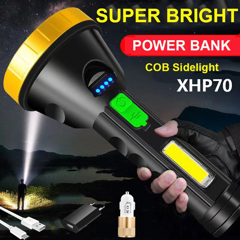 

Powerful Led Searchlight XHP70 Led Flashlight Outdoor Camping Light Power Bank Torch Lanterna USB Rechargeable COB Work Light