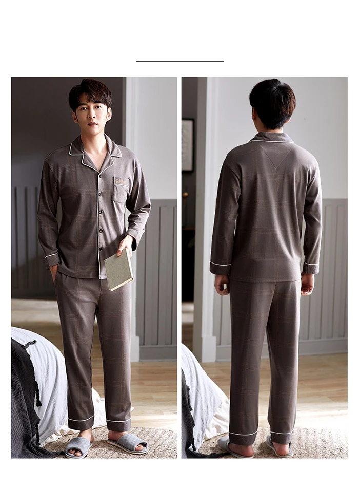 Men Pyjama Set 100% Cotton Spring Long Sleeve Print Men Pajama Suit Autumn Nightwear Collar Pijama Male Sleepwear Two Piece XXXL mens short pjs