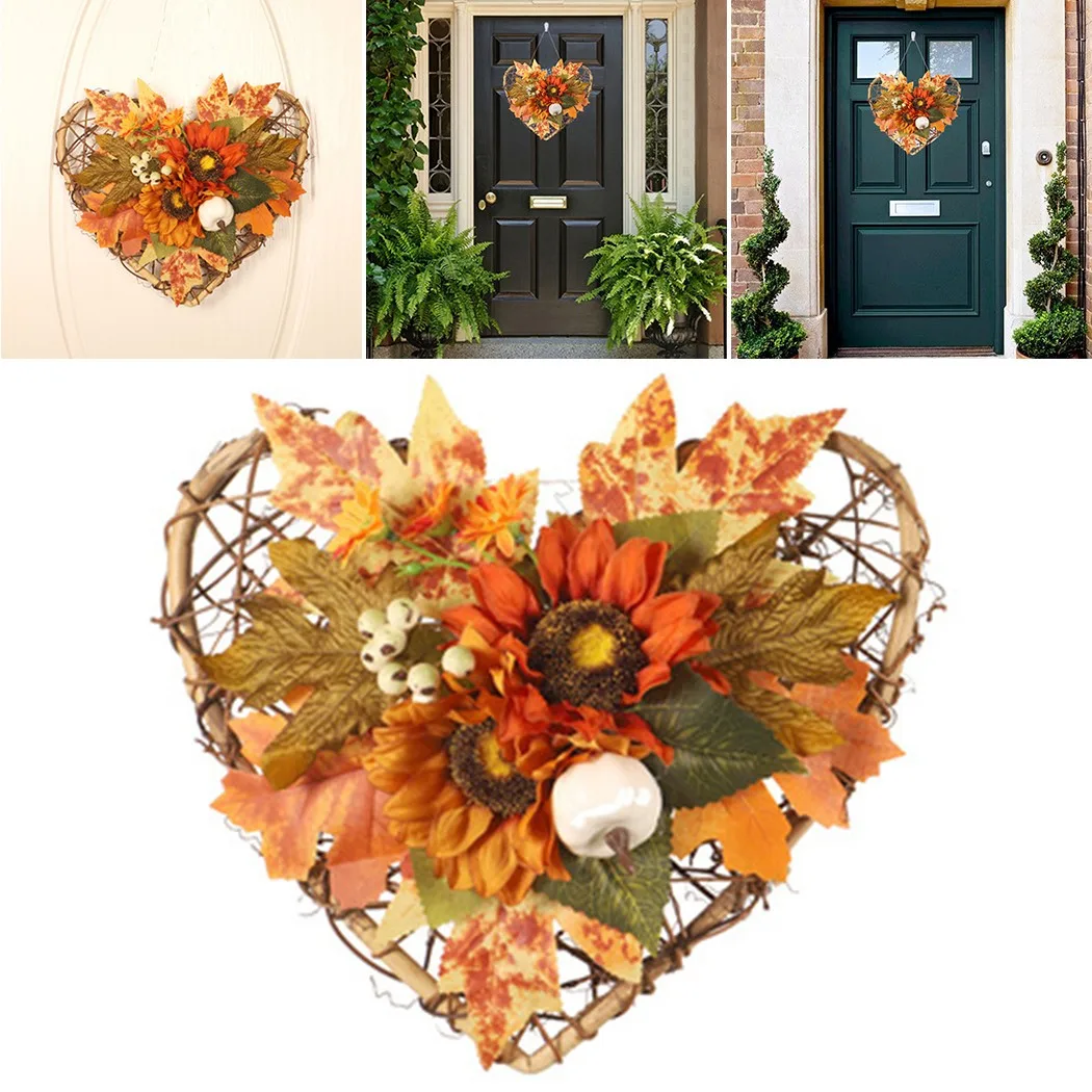 

Simulation Pumpkin Sunflower Maple Leaf Wall Hanging Fall Wreath 28x26cm Rattan Thanksgiving Decor Foam Fashion Heart-shaped
