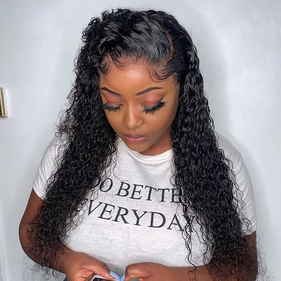 Черный кудрявый кружевной фронтальный парик 180% Плотность 13X4 кружевные передние