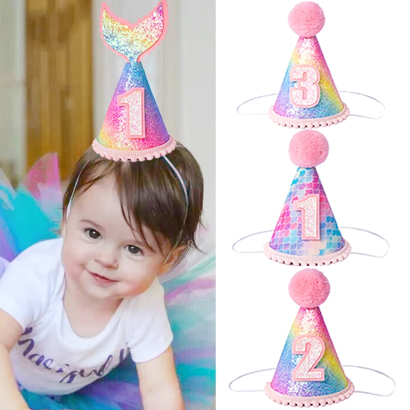 Child Colorful Mermaid Tail Party Hat Glitter Fish Scale Birthday Caps Princess Crown Hats Baby 1st Decoration Supplies | Дом и сад