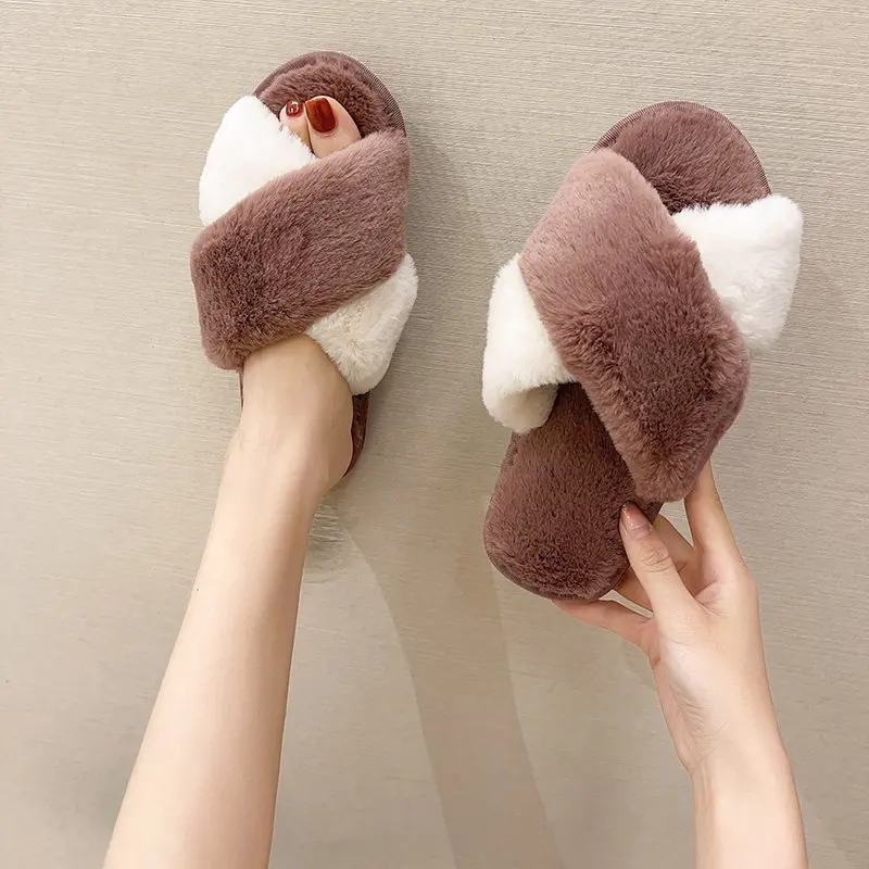 Autumn and Winter Plush Fashion Home Furry Cotton Slippers for Women's Outer Wear Flat-bottom Non-slip Warm Women's Slippers
