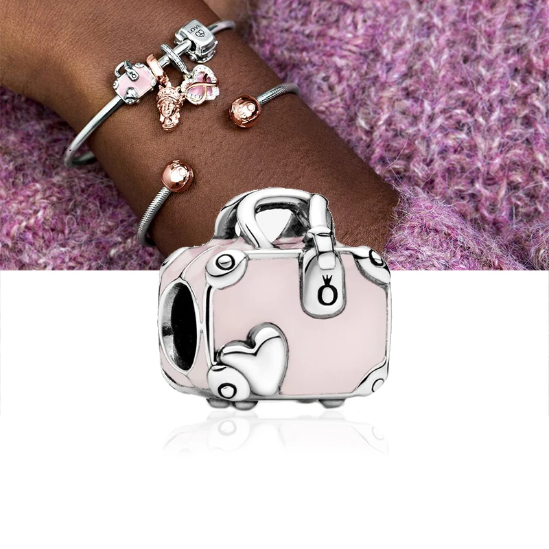 

New 925 Sterling Silver Pink Travel Bag Charm Fit Original Pandora Charm Bracelet For Women Fashion Jewelry Gift