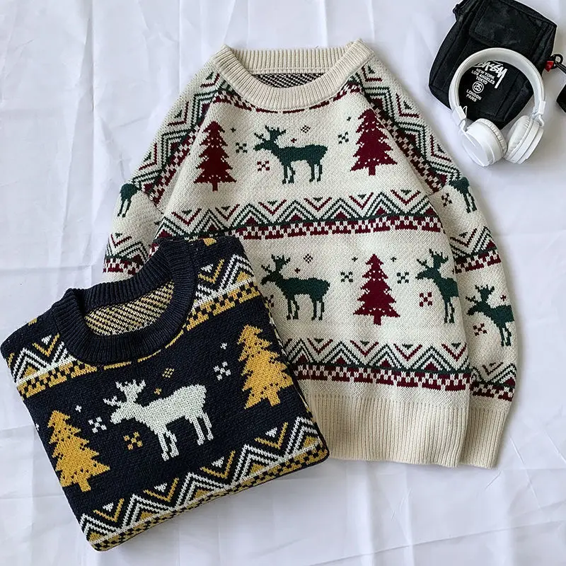 

2020 Japanese retro Harajuku Christmas elk sweater round neck pullover couple sweater men's and women's padded sweater
