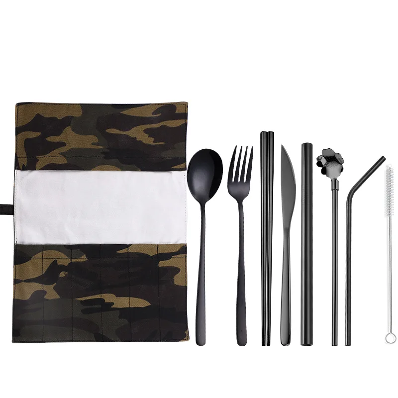 2019NEW Tableware 9PCS Stainless Steel Cutlery Set Chopsticks Fork Spoon Straw with Close Bag | Дом и сад
