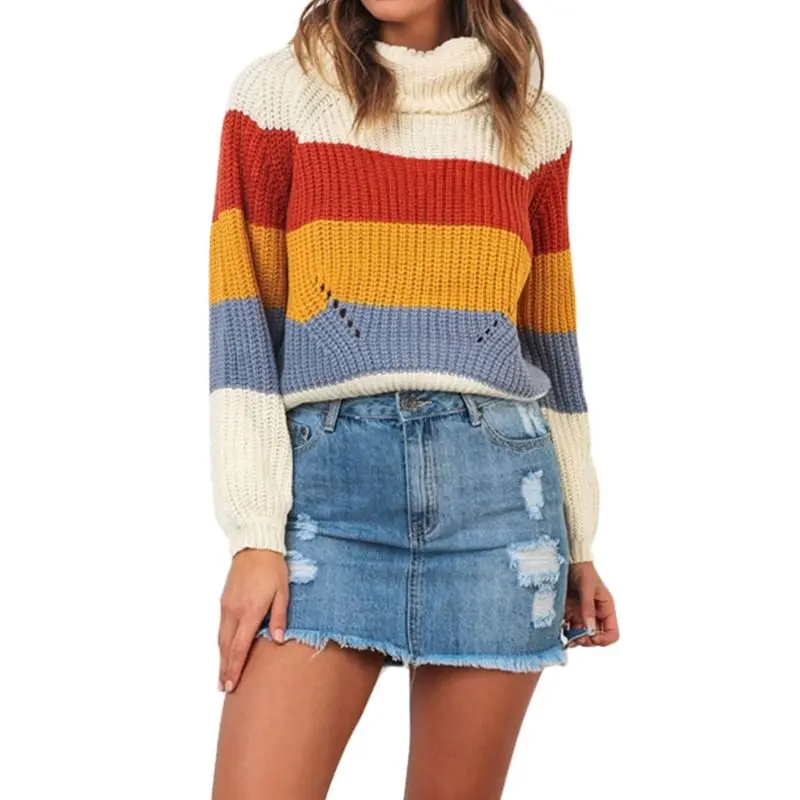

Women Winter Autumn Long Sleeve Sweater Rainbow Color Block Striped Pullover Tops High Neck Casual Loose Knitted Jumper Streetwe