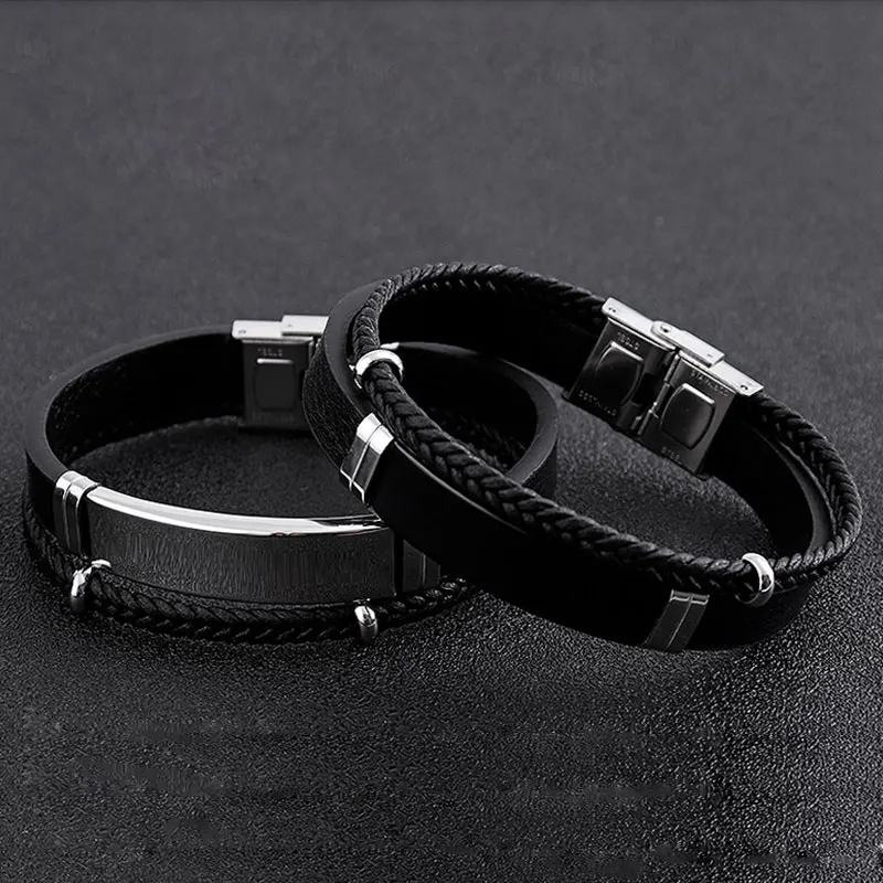 Браслет мужской кожаный многослойный черный из нержавеющей стали | Украшения и