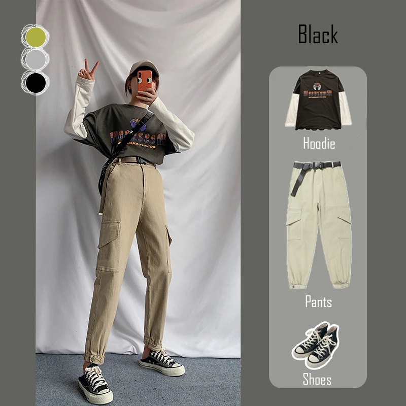 

New Spring Harajuku Women Loose Handsome Nation Fashional ins Pants Harem Sports Casual Pockets Patchwork Pants