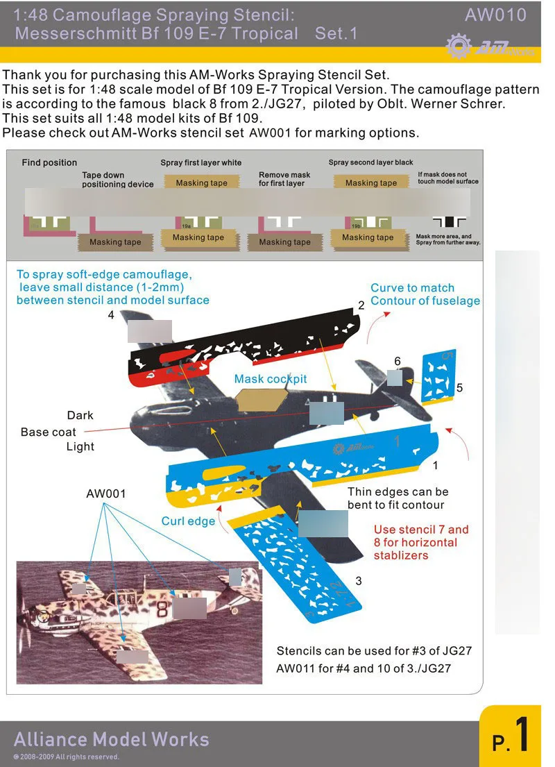 

1/48 Scale Messerschmitt Bf 109 E-7 Tropical Camo Set.1 AW010 Model Kits Accessory