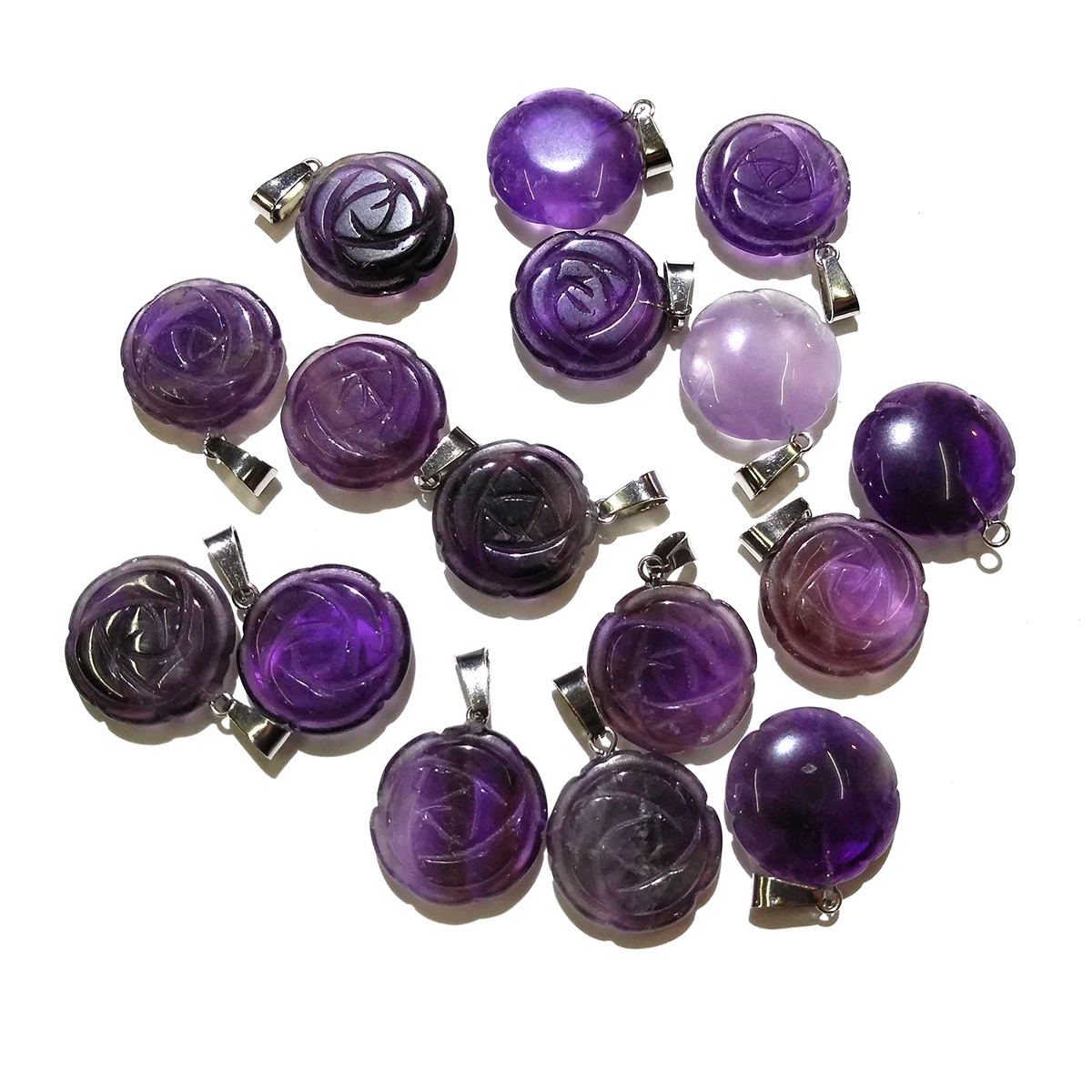 

1PC Rose-shaped Purple Quartzs Pendant Necklace Reiki Healing Natural Stone Amulet DIY Jewelry Personality Gift Size 20mm