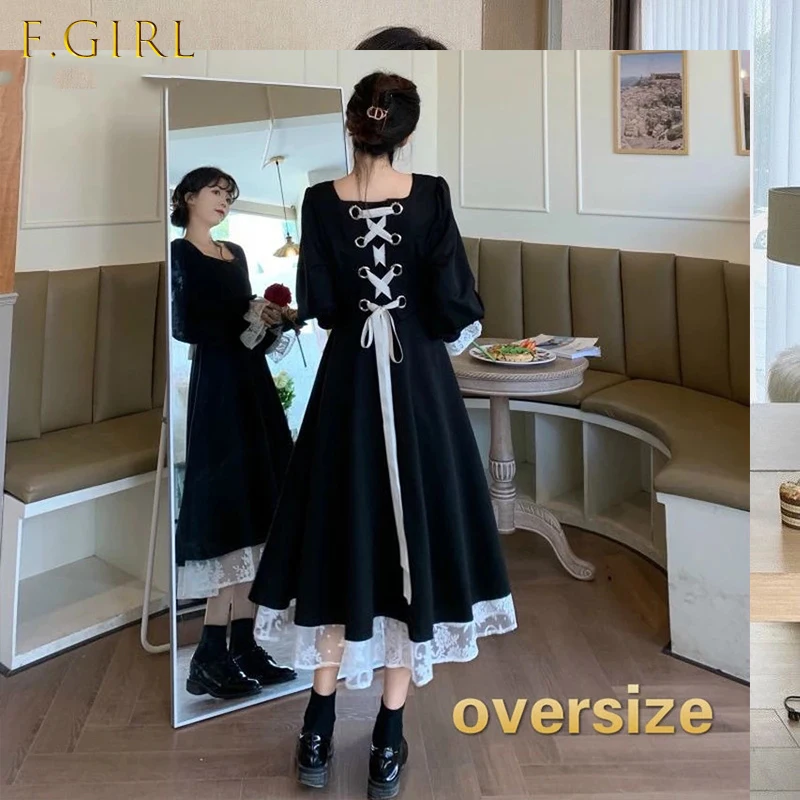 

Dresses Women Plus Size 4XL Long Sleeve Lace Female Causal Vintage Ulzzang Party Square Collar Elegant Mujer De Moda Cozy Spring