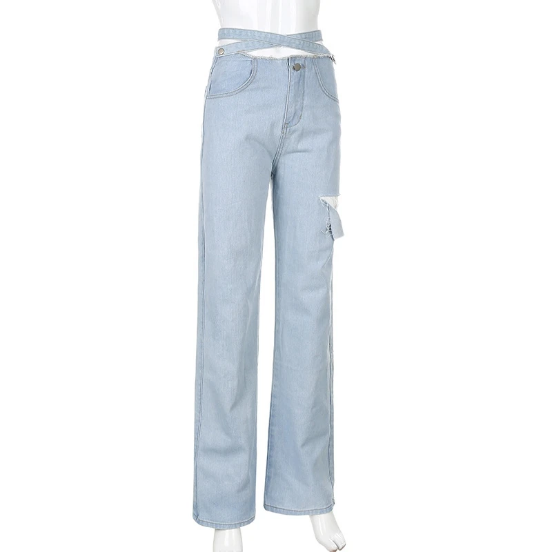 

Women Pants High Waist Trousers Summer Hollow Out Straight Pants Casual Fashion Cross Bandage Jeans
