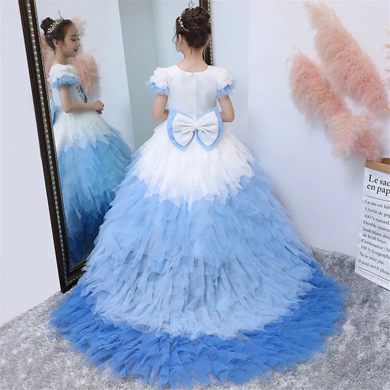 

Children Girls Luxury High-Grade Birthday Evening Party Princess Long Tail Dress Model Catwalk Piano Host Communication Dresses