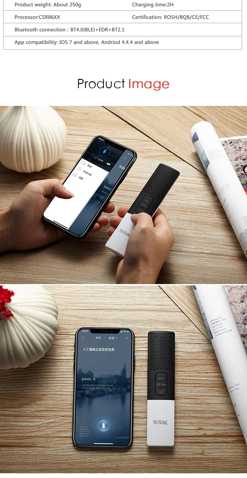 SSK Bluetooth Smart language Translator двусторонний переводчик в режиме реального времени 80+ language s переводчик для обучения бизнесу