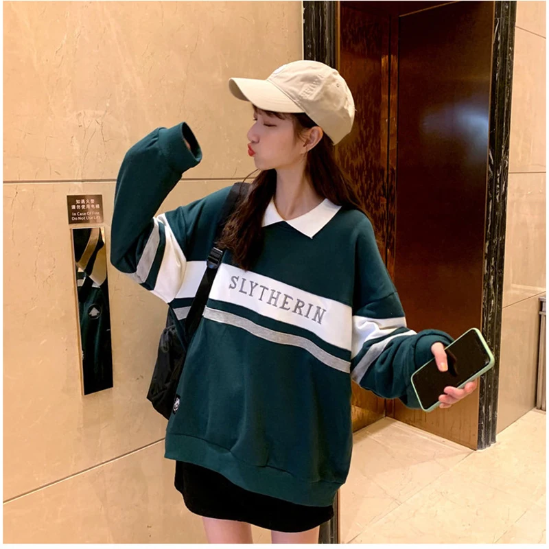 

Polo Collar Stitching Sweatshirt Women Contrast Color Fake Two-piece Green Coat Letter Harajuku Print Pullover Female White Tops