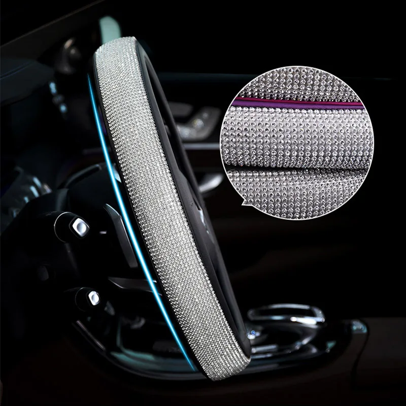 

Fashion Diamond PU Leather Steering Wheel Cover Bling Rhinestones Anti-Slip Car Steering Wheel Cover Sleeve Car Accessories