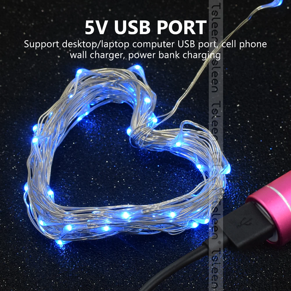 TSLEEN 5V USB сказочная лампа 5m 10m Серебряный провод водонепроницаемый светодиодный