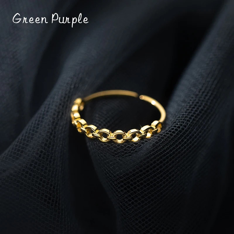 

GREEN PURPLE Simplicity Chain Ring Real s925 Sterling Silver Fashion Charm Finger Rings Adjustable For Women Girls FIne Jewelry
