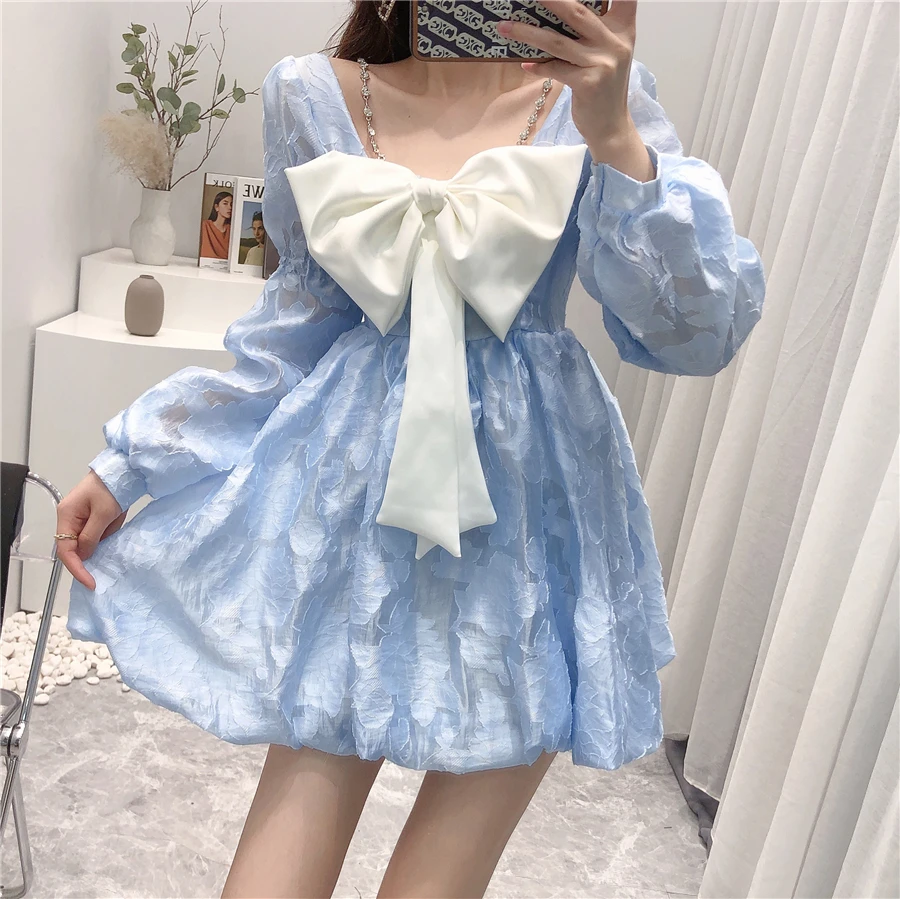 

Elegant Party Sexy Bow Lace Dress Cute Sweet Long Sleeve Dress Sexy Off Shoulder Female French Style Sweety Princess Dresses