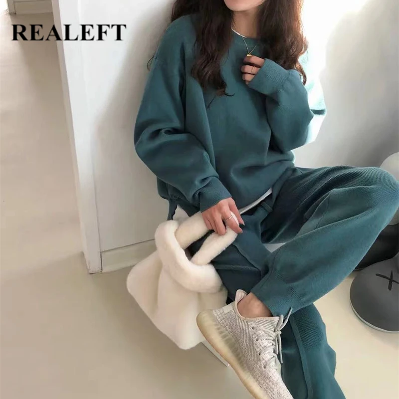 

REALEFT Autumn Winter 2 Pieces Casual Women's Sets Knitted Tracksuit 2021 New Zipper Split Sweater and Harm Pants Pullover Suits