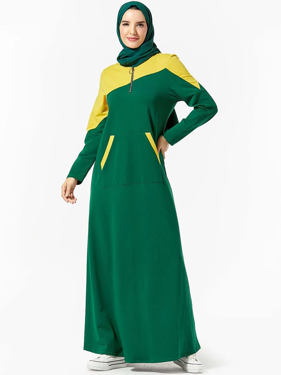 

BNSQ Sweater Maxi Dress Fashion Color Contrast Color Stitching Pocket Thicken Comfortable Cotton Robe Causal Lady Clothing