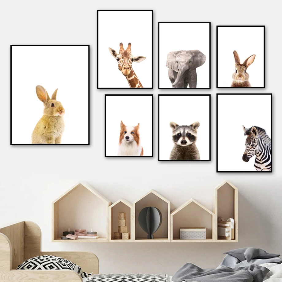 

Cute Bunny Giraffe Elephant Zebra Coon Animal Wall Art Canvas Painting Nordic Posters And Prints Wall Pictures Kids Room Decor