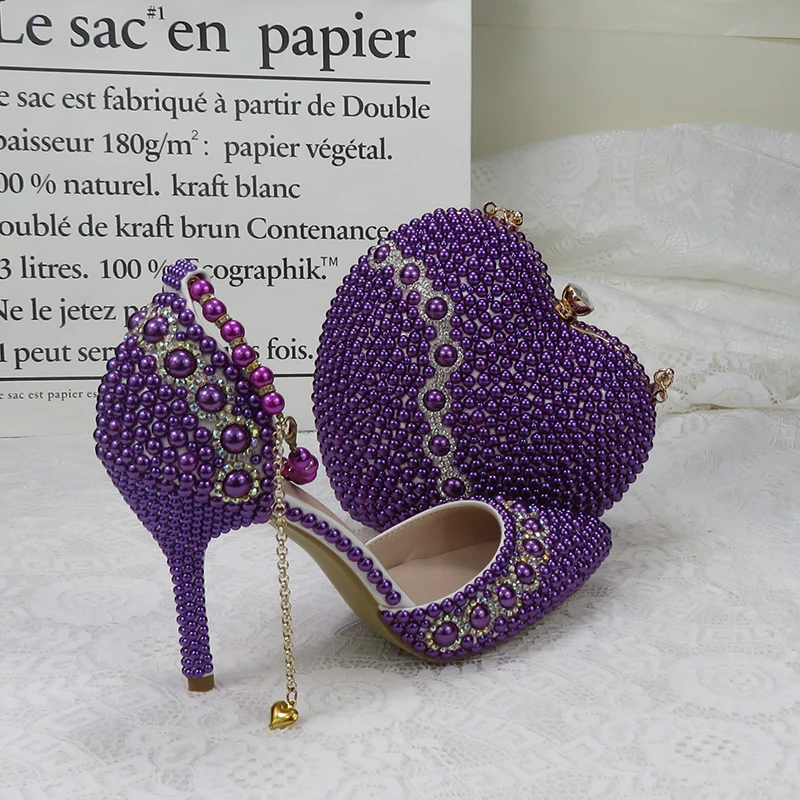

Summer Pointed Toe Women wedding Sandals Ankle strap Buckle shoes Purple Pearl shoe and bag set Party dress shoe Lace-Up Chain