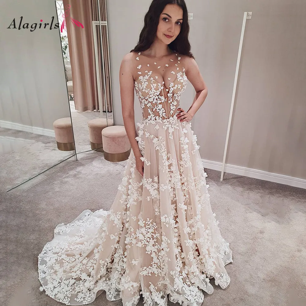 Alagirls Sleeve Lace Wedding Dress 2020 O Neck Movable Sleeves Illusion Court Train Bridal Gowns vestido de novia