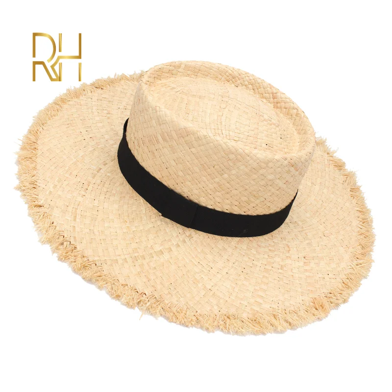 RH женская соломенная шляпа от солнца летняя черная лента рафия Федора пляжная