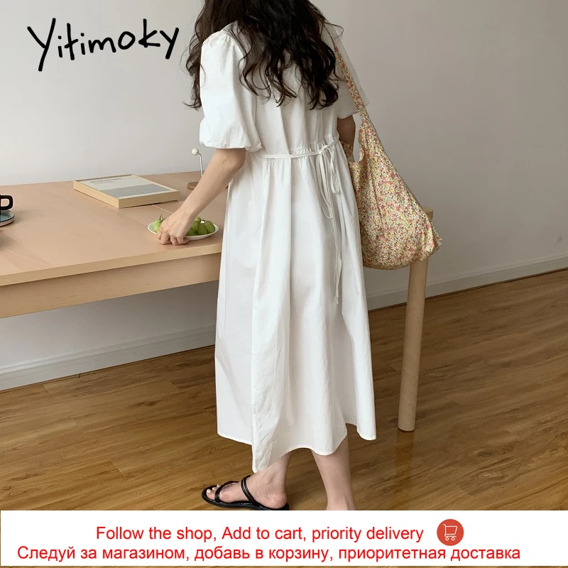 

Yitimoky Puff Sleeve Woman Dress 2021 Summer Korean O-Neck Solid Loose Bandage White Blue Orange French Ankle-Length Dresses